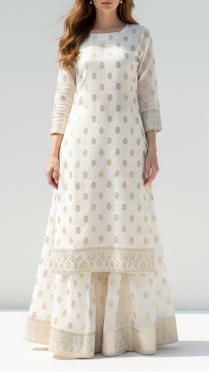 White Dyeable Chanderi Silk Fabric With All Over Dull Gold Zari Handloom 21789