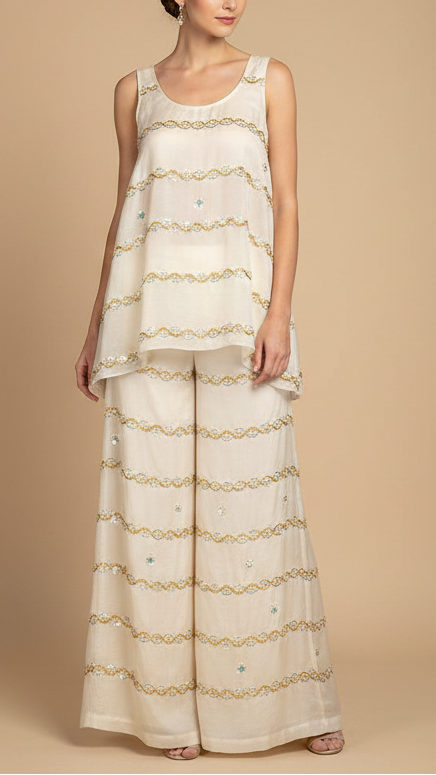 The Noor - Off White Silk Tissue Fabric with Eternall Stripes Of Pearl, Katdana, and Sequins | 15285