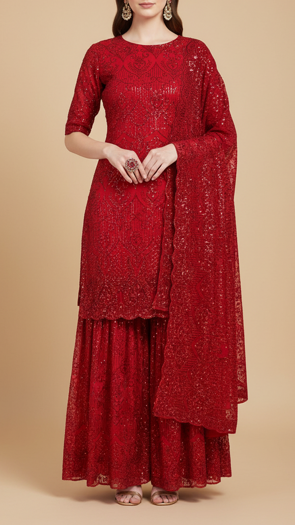 Red Georgette Fabric with All Over Sequins Work and One-Side Scalloped Border 19766