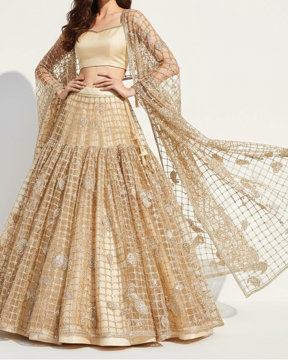 Golden Imported Laser CutWork Net Fabric With All Over Rose Gold Zari And Sequins  21513