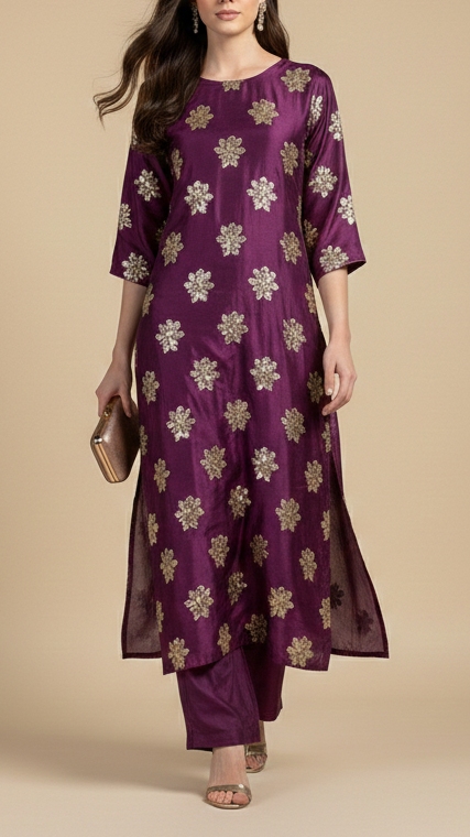 Deep Purple Silk Fabric With All Over Sequins, Bead And Katdana 20915