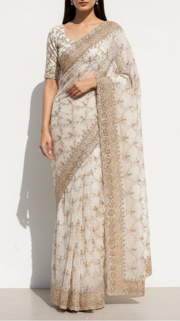 White Dyeable Georgette Fabric With All Over Katdana, Zari, Bead And Sequins Work With One Side Border 20861