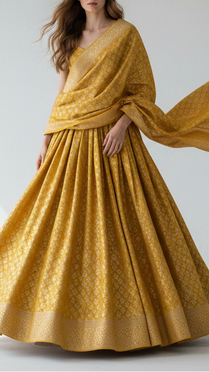Yellow Banarasi Brocade Fabric With All Over Golden Zari Handloom  19041