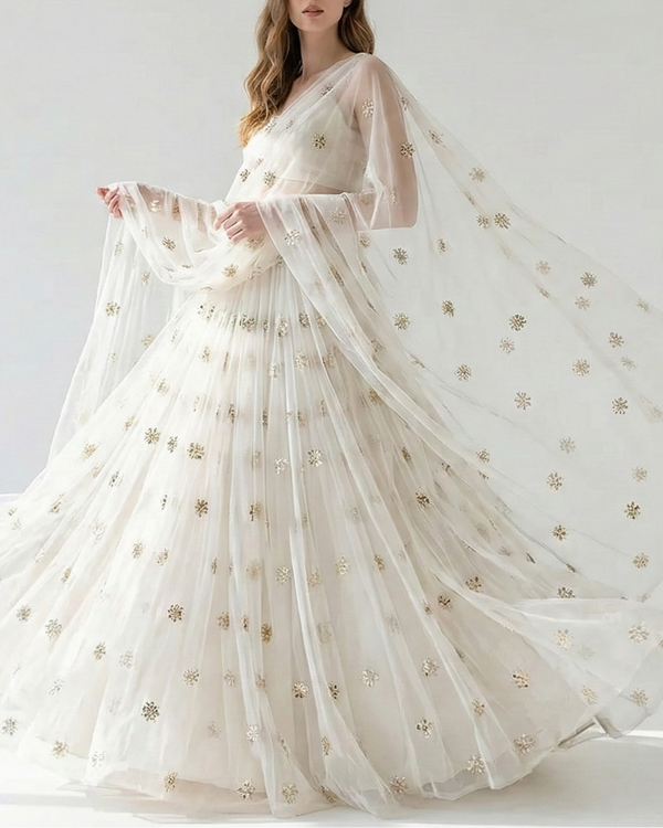 White Dyeable Organza Fabric With Allover Buti Of Golden Katdana, Bead And Sequins Work 21106