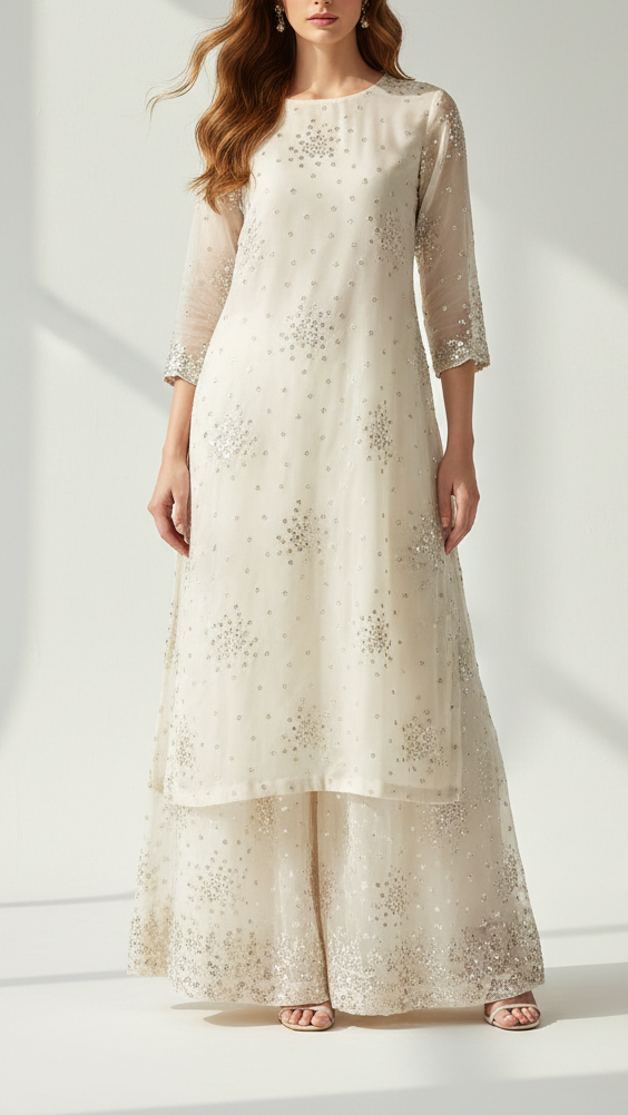 White Dyeable Organza Fabric With All Over Sequins And Katdana Work 21930