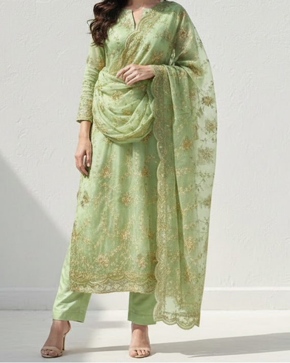 White Dyeable Crepe Fabric With All Over Sequins, Beads, Zari And Katdana Work 21570