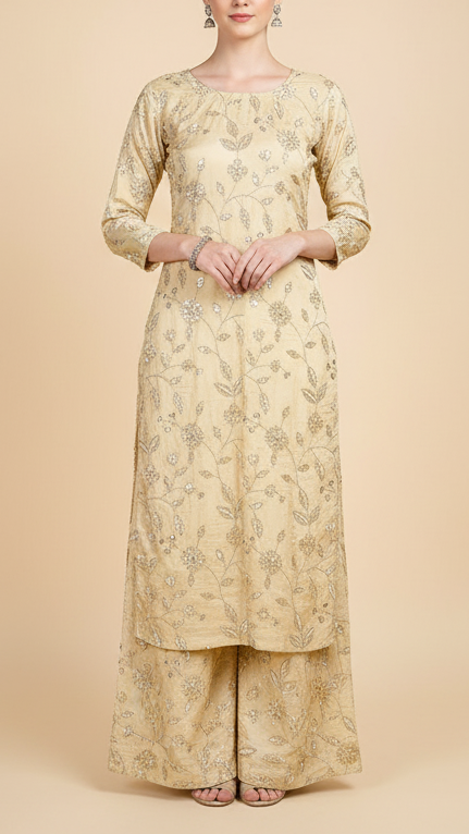 Cream Crepe Fabric With All Over Sequins, Bead And Zari  19951