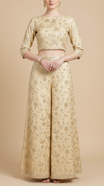 Cream Crepe Fabric With All Over Sequins, Bead And Zari  19951