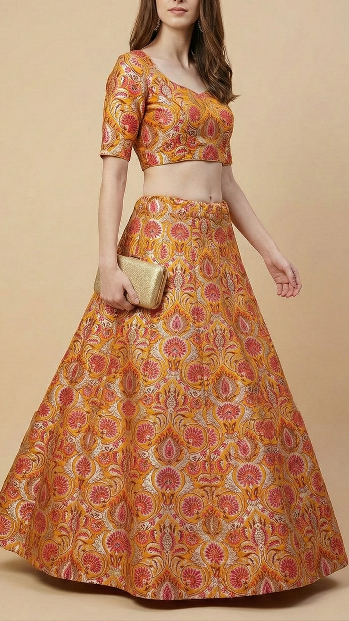 Mustard Pure Banarasi Brocade Fabric With Thread And Zari Handloom 20180