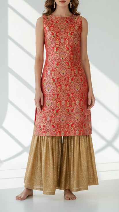 Red Banarasi Brocade Fabric With All Over Thread And Zari Handloom 20774