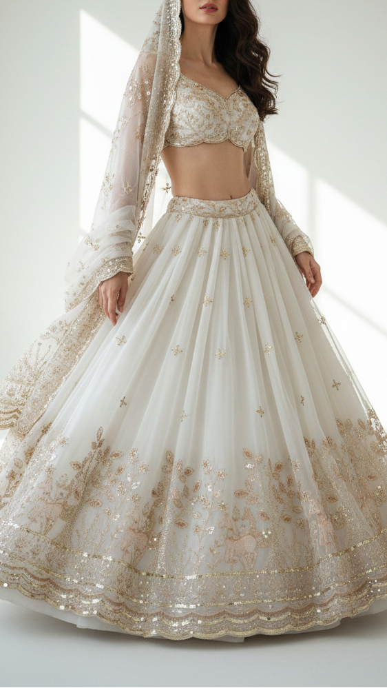 White Dyeable Organza Fabric With All Over Buti Of Sequins, Bead, Katdana And Zari Work With One Side Scalloped Border 21717