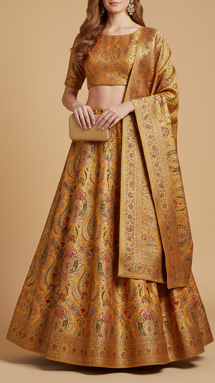 Mustard Pure Banarasi Brocade Fabric With All Over Thread And Zari Handloom 20429