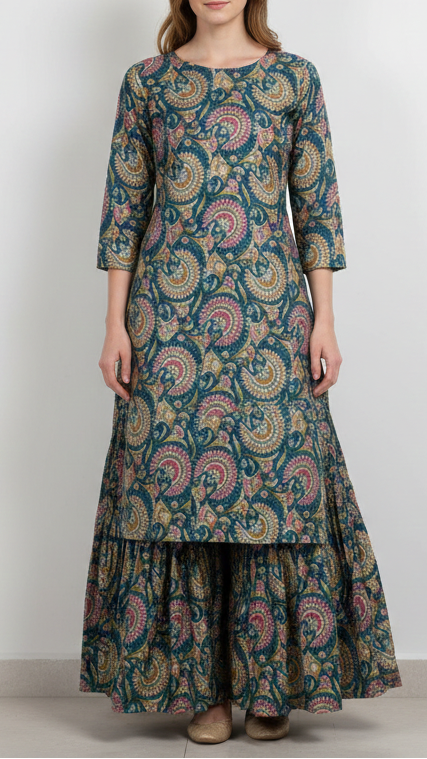 Teal Blue Silk Fabric With Traditional Print With Golden Zari Work 20313