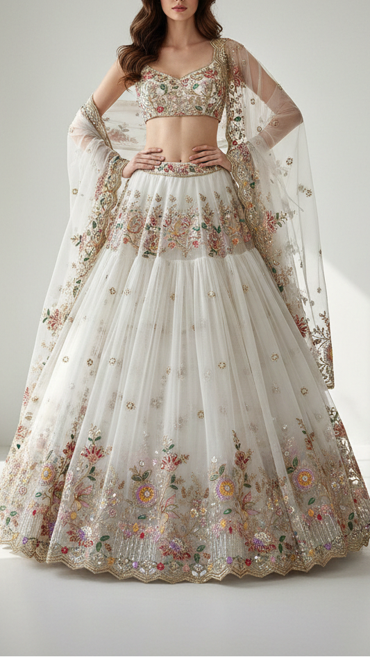 White Dyeable Georgette Fabric With All Over Buti Of Sequins, Katdana And Bead Work With One Side Border 21721