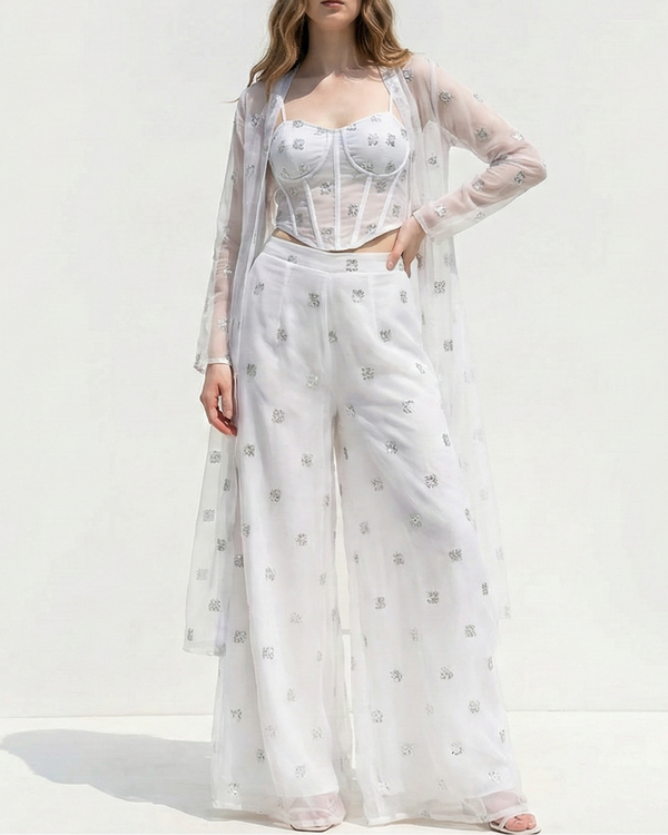 White Dyeable Organza Fabric With Allover Buti Of Silver Katdana, Bead And Sequins Work 21104
