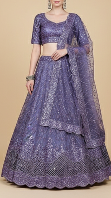Lavender Imported Organza Satin Fabric With All Over Katdana, Bead And Sequins Work With One Side Cutwork and Scalloped Border 15514