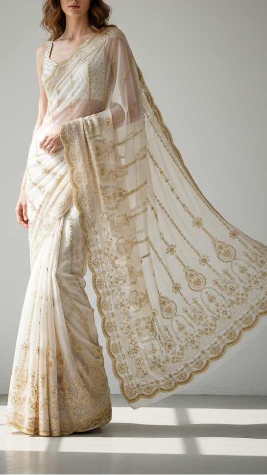 White Dyeable Georgette Fabric With All Over Sequins, Katdana And Bead Work With One Side Scalloped Border 21488