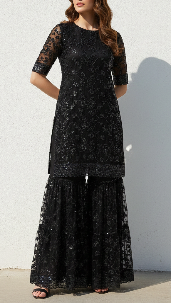 Black Imported Net Fabric With All Over Katdana, Bead And Sequins Work With One Side Scalloped Border 22033
