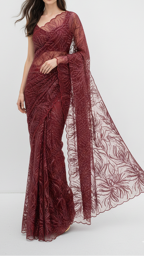 Maroon Imported Net Fabric With All Over Thread, Bead And Sequins Work 22135