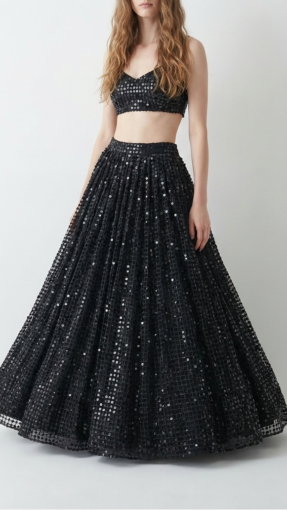 Black Imported Laser Cutwork Net Fabric With All Over Zari And Faux Mirror Work 21119