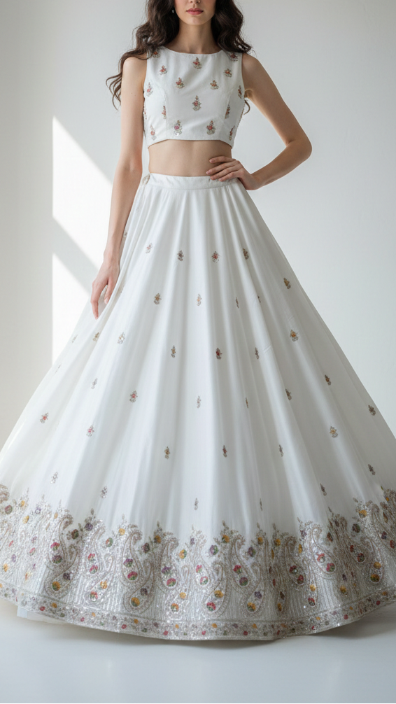 White Dyeable Crepe Fabric With All Over Buti Of Zari, Sequins, Thread And Katdana Work With One Side Border 21678