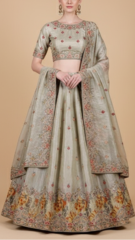 Mustard Tissue Fabric With All Over Buti Of Thread, Sequins And Katdana With One Side Heavy Work Border 16363
