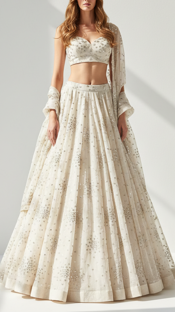 White Dyeable Organza Fabric With All Over Sequins And Katdana Work 21930