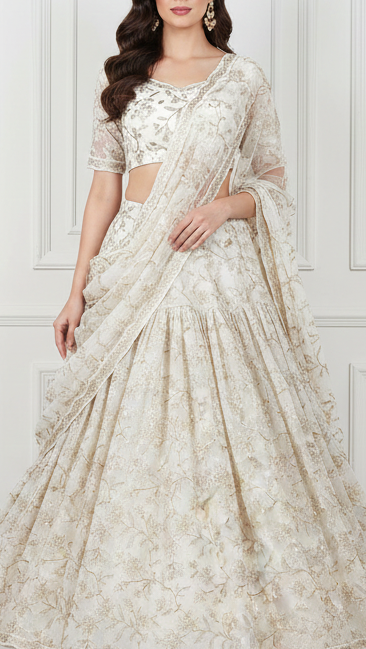 White Dyeable Georgette Fabric with Allover Zari, Thread and Sequins Work 21085
