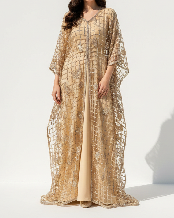 Golden Imported Laser CutWork Net Fabric With All Over Rose Gold Zari And Sequins  21513