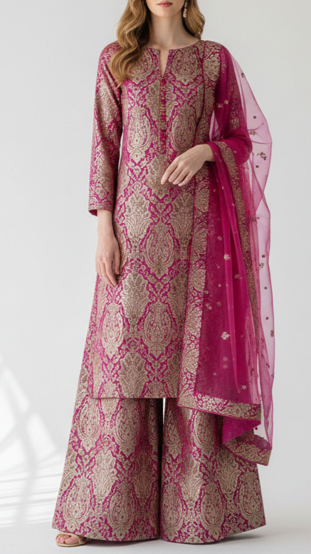 Purple Banarasi Brocade Fabric With All Over Golden Zari Handloom 21290