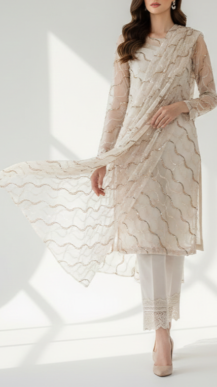 White Dyeable Organza Fabric with Allover Strips of Golden Katdana, Sequins and Bead Work 21097