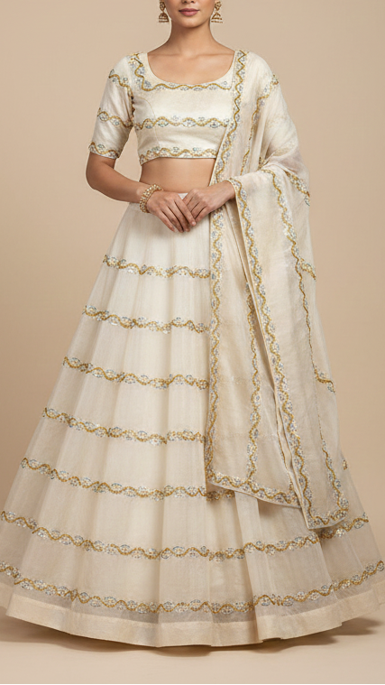 The Noor - Off White Silk Tissue Fabric with Eternall Stripes Of Pearl, Katdana, and Sequins | 15285
