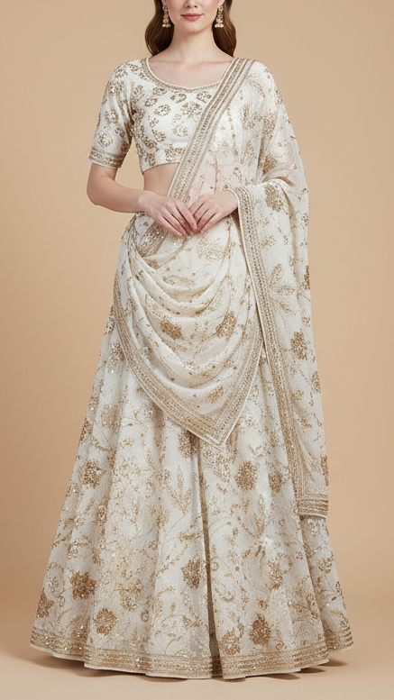 White Dyeable Chinon Chiffon Fabric With All Over Katdana, Sequins And Bead Work 19982