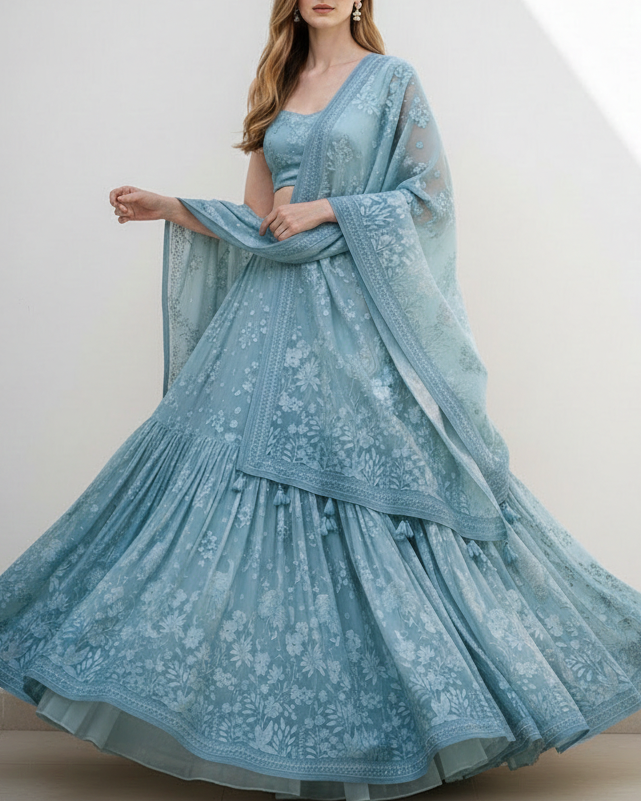 White Dyeable Silk Fabric With All Over Thread And Sequins Work With One Side Bird Motif Border 21584