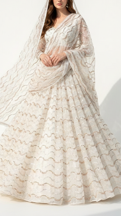 White Dyeable Organza Fabric with Allover Strips of Golden Katdana, Sequins and Bead Work 21097