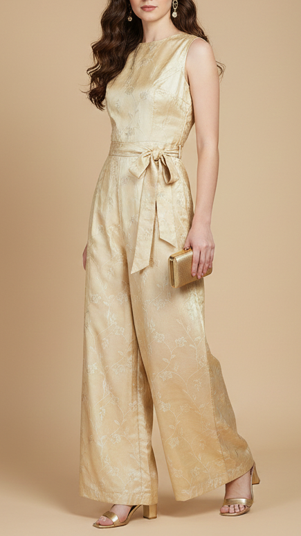 Light Golden Tissue Fabric With All Over Self Work 20349