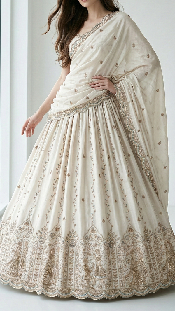 White Dyeable Dola Silk Fabric With All Over Zari, Sequins, Bead And Katdana Work With One Side Scalloped Border 21963