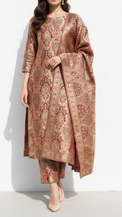 Mauve Banarasi Brocade Fabric With All Over Thread And Zari Handloom 21282
