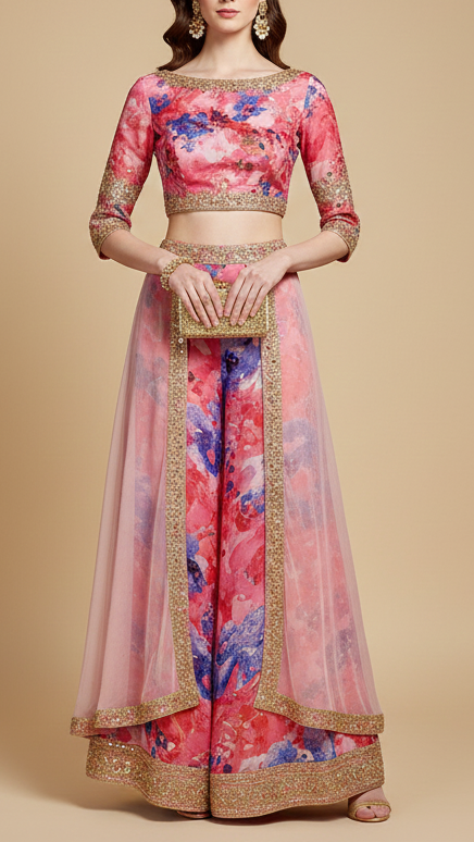 Pink Organza Fabric with All-Over Print, Katdana and Pearl Work 15234