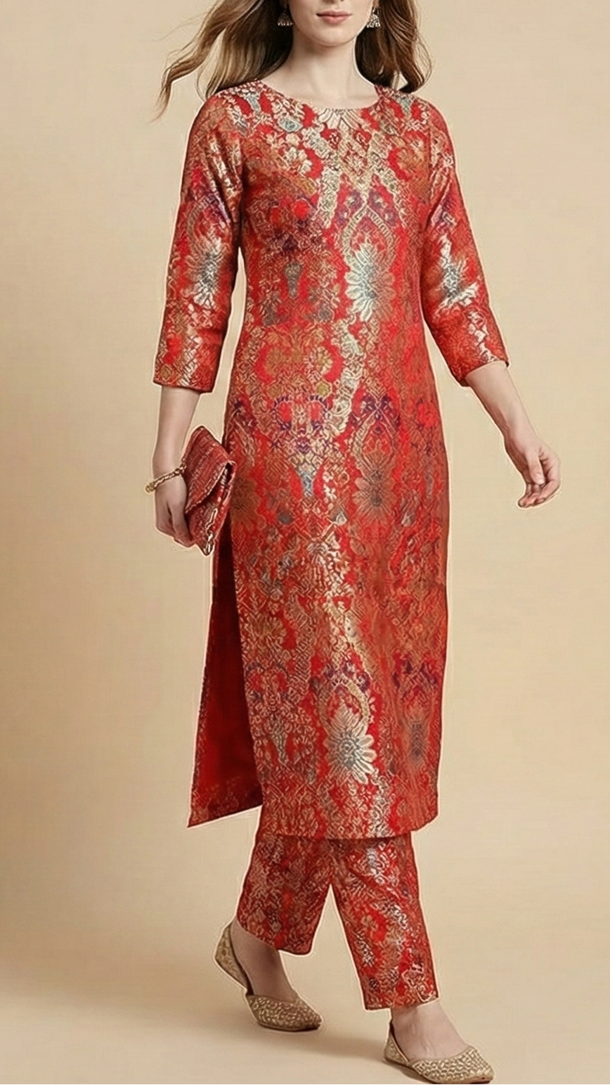 Red Pure Banarasi Brocade Fabric with Allover Golden Zari Handloom 20438