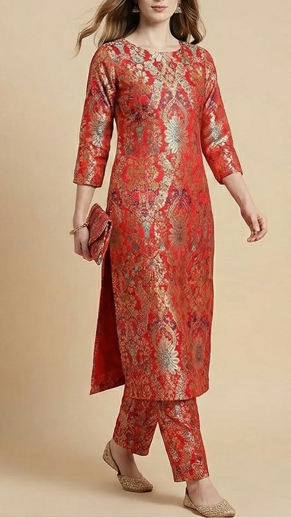 Red Pure Banarasi Brocade Fabric with Allover Golden Zari Handloom 20438