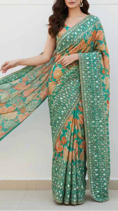 Rama Green Tissue Fabric With All Over Floral Print And One Side Bead, Sequins, Zari And Faux Mirror Border 20302