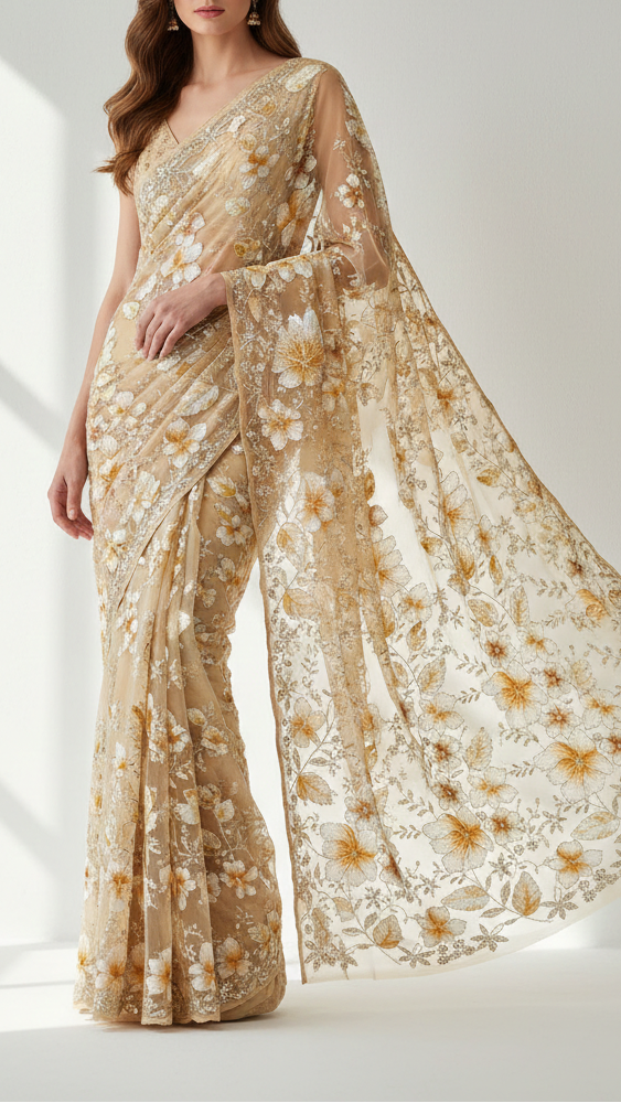 Cream Imported Net Fabric With All Over Sequins, Bead, Katdana And Ribbon Work 22105