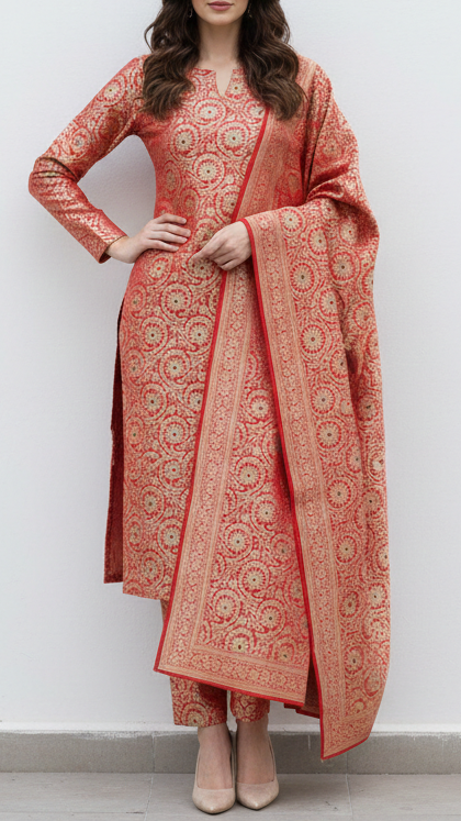 Red Banarasi Brocade Fabric With All Over Thread And Zari Handloom 20947