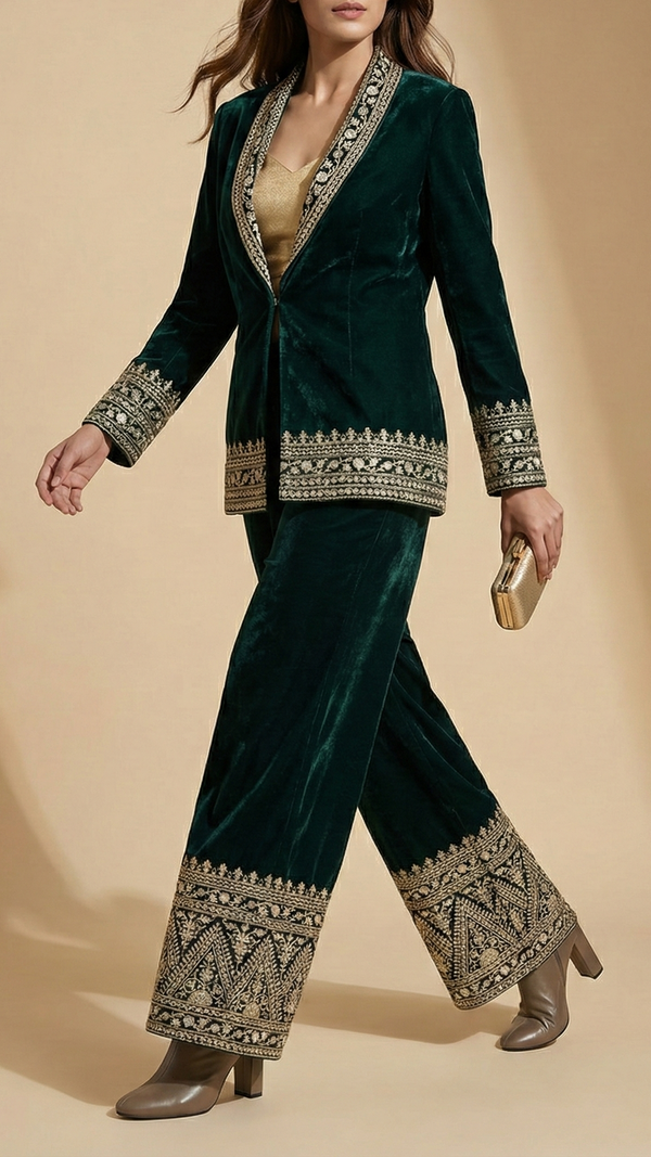 Bottle Green Velvet Fabric With One Side Heavy Border Of Zari And Sequins 20512