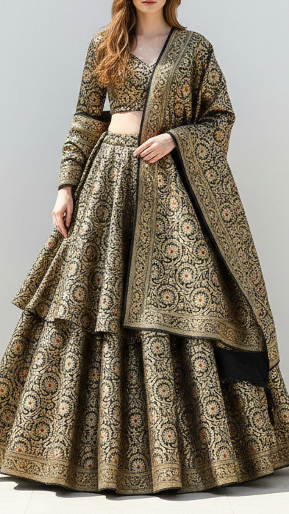 Black Banarasi Brocade Fabric With All Over Thread And Zari Handloom 20946