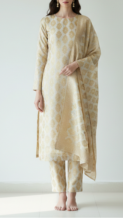 White Organza Fabric With All Over Zari Handloom 16920