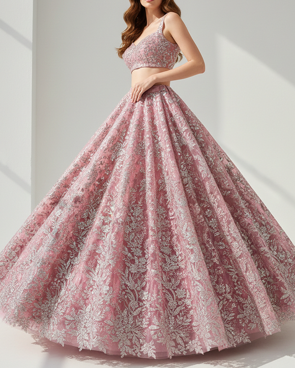 Dark Pink Imported Net Fabric With All Over Bead And Sequins Work 22087