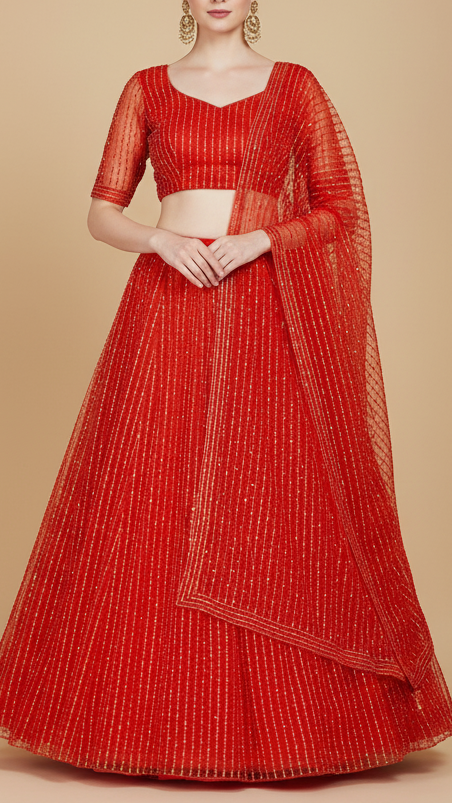Red Net Fabric With All Over Pearl And Bead Work  15753