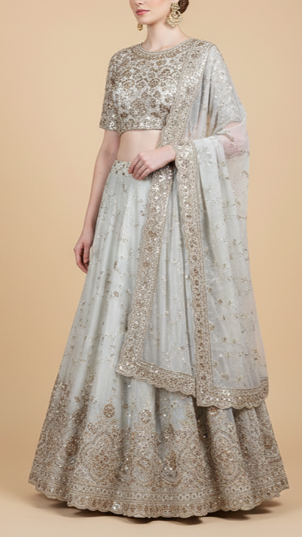 White Dyeable Crepe Fabric With All Over Zari, Sequins, Katdana And Bead Work 16871